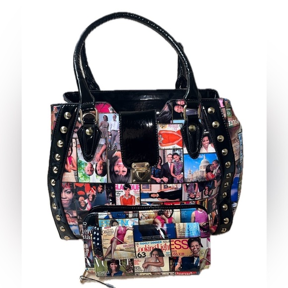 Michelle & Barrack Obama Magazine Studded Patent Leather Tote w/ Matching Wallet - Picture 1 of 10